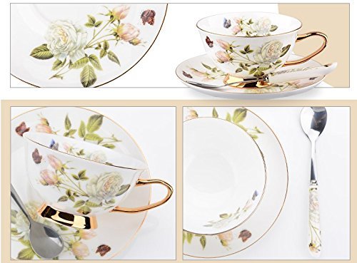 YBK Tech - Set Di Tazze E Piattini In Porcellana Bone China Con Motivi Geometrici Dorati, 180 Ml, 2 Pezzi + Cucchiai