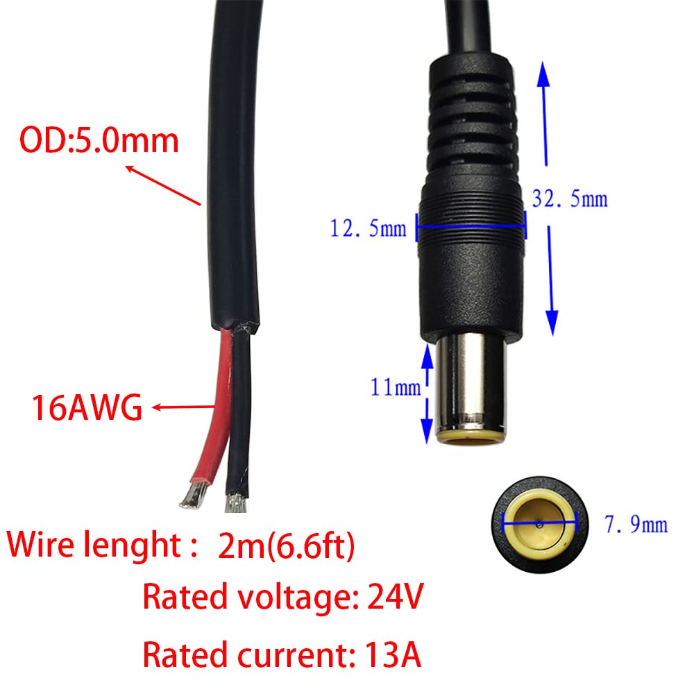 3x DC7909 Stromkabel-Pigtails – 2 M, 16 AWG, 7,9x5,5 Mm Stecker Auf Blankem Draht, Für Solar & Netzteile