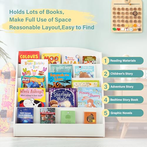 TOETOL 5-Tier Kids Bookshelf - Toddler Book Display Shelves for Classrooms, Playrooms, and Nursery - Wooden Children Book Rack (White)