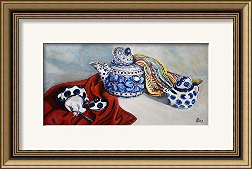 Polish Pottery Unikat Teapot Wall Decor Art Print Blue Americana Farmhouse Kitchen, Size Mat Option #TOP6