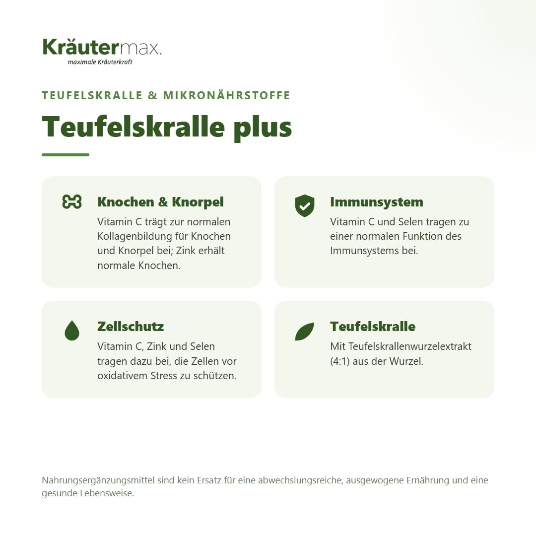 Kräutermax Teufelskralle Kapseln Hochdosiert, Afrikanische Teufelskralle mit Vitamin C, Zink & Selen, Natürlich, 60 Kapseln
