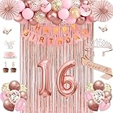 Sweet 16 Party Decorations, Rose Gold Happy 16th Birthday Decorations for Girls, 16 Sash and Crown, Banner, Fringe Curtains, Hanging Paper Fans, 16 Year Old Party Supplies Set