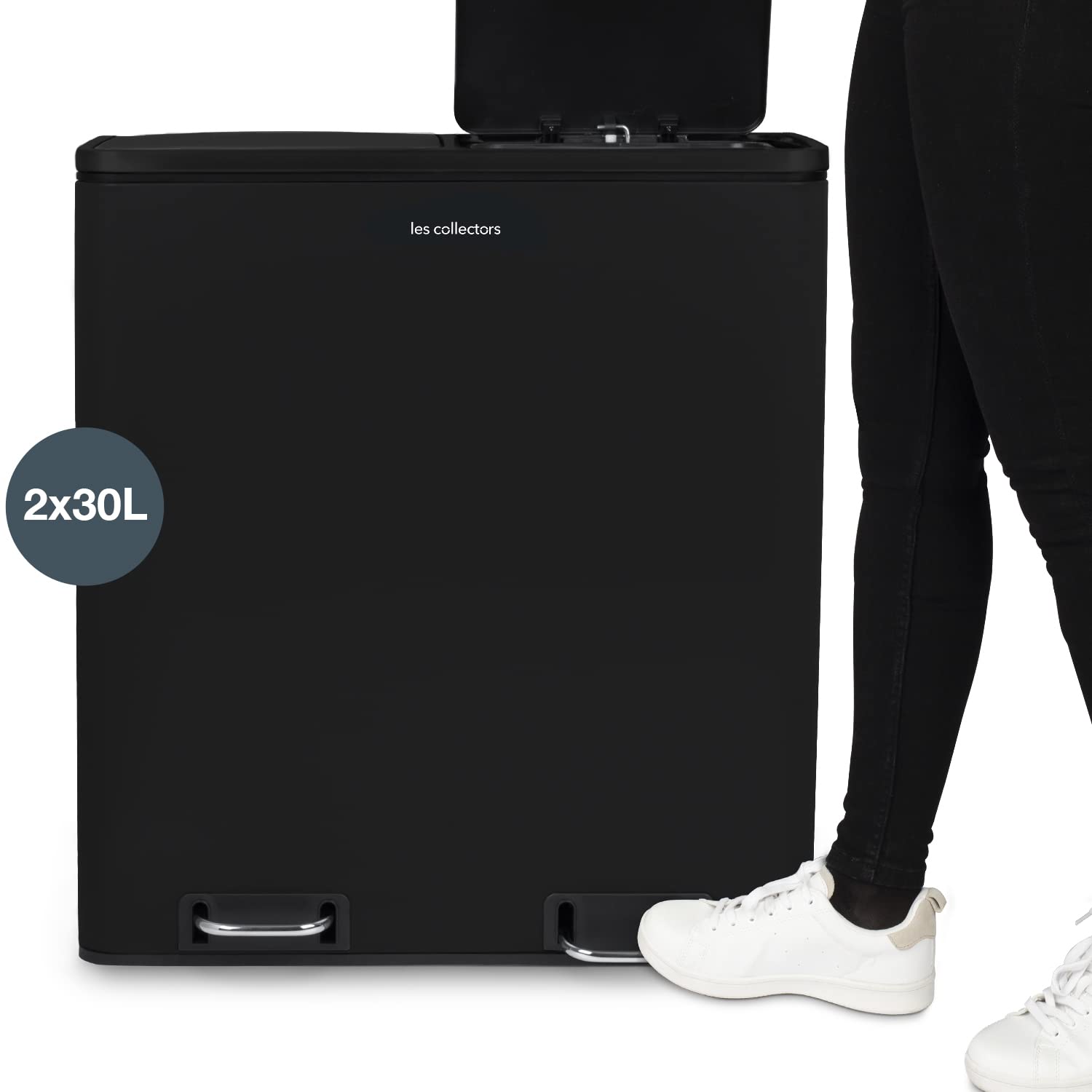 Les Collectors Poubelle de tri à pédale 60 L 2 compartiments 30 L Noire