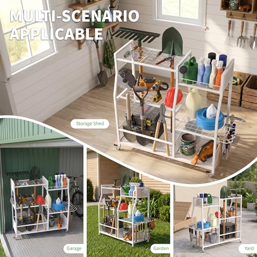 HOTEAGLE Yard Tool Organizer for Garage 35.4" Width High Stability Outdoor Metal Utility Rolling Cart with Mute Wheels, 18.5mm Thick Rods Ideal Garden Tool Rack, Easy to Clean,White — view 6