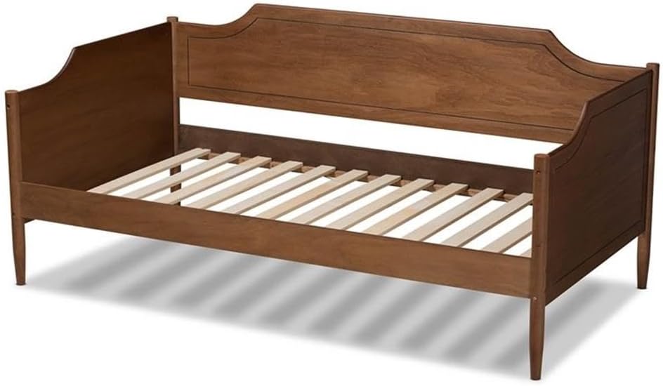 BOWERY HILL Walnut Brown Finished Wood Twin Daybed, 35" H x 78.2" W x 41.5" D, Rubberwood and MDF Construction, Farmhouse Style, Cut-Out Panels, Tapered Legs, Ideal for Guestroom or Child's Room