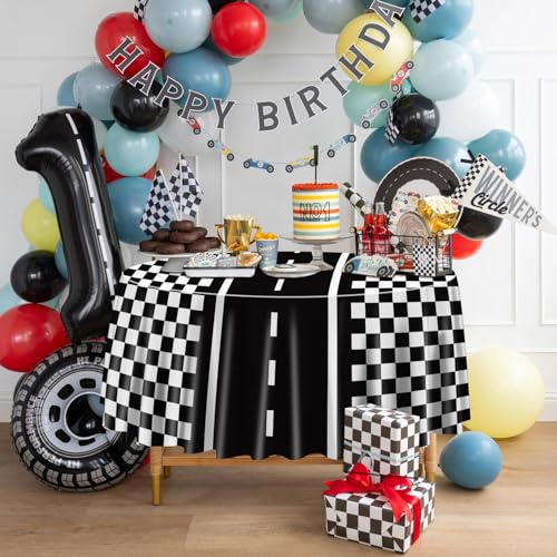 PIXHOTUL Racing Car Tablecloths for Round Table, Plastic Black Racetrack Tablecover for Kid's Birthday Racing Car Theme Party Fast One Two Fast Party, 84 x 84in by PIXHOTUL - Used condition - Image 5