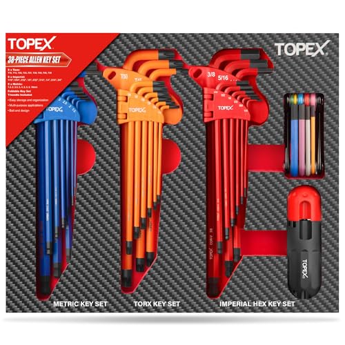 TOPEX 38-Piece Hex Key Allen Wrench Set Ball End Allen Key Set with T-Handle Folding Hex Key, SAE(1/16"-3/8") Metric(1.5mm-10mm) TORX(T10-T50) for DIY Automotive Mechanic Home Use by TOPEX - Used condition - US$42.19