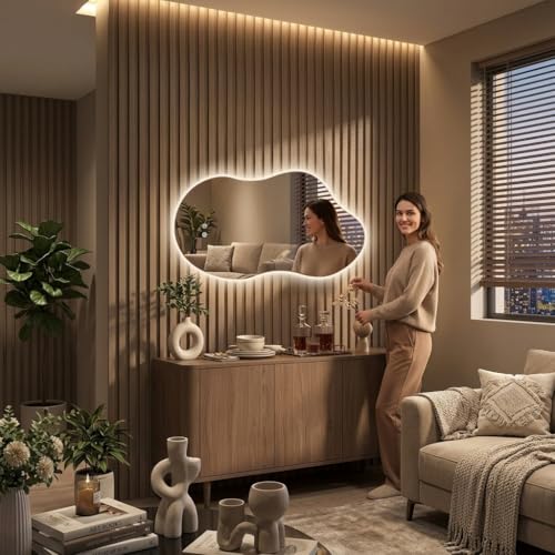 Image of Irregular LED Mirror with Lights 40x24 Inch Backlit Asymmetrical Bathroom Mirrors for Wall Cloud Lighted Vanity Mirrors Shatterproof, Anti-Fog, Dimmable, 3 Colors (Horizontal /Vertical)