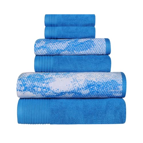 Superior Cotton Jaquard Absobent Marble Bath Towel Set, 6 Piece, Blue