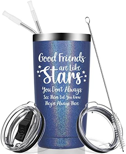 Ficsowy BFF Gifts of Friendship for Women Tumbler with Sayings-Good Friends Are Like Stars,BFF Funny Birthday Gift for Men,Female,Sister,Insulated Steel Mug with Lid & Straw(20oz,Rainbow Navy)
