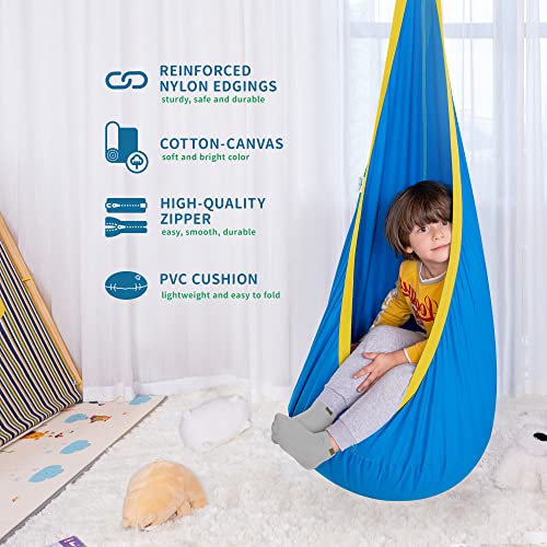 Image of OUTREE Kids Pod Swing Seat, Cotton Child Hammock Swing Chair, Sensory Swing for Indoor and Outdoor Use,Blue and Yellow