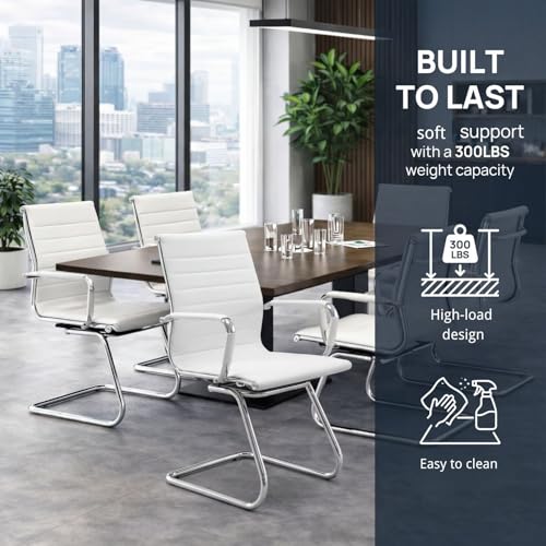 Image of Conference Room Chairs Set of 4, Waiting Room Chairs with Arms, Faux Leather Reception Chairs No Wheels, Office Guest Chairs with Mid Back Support and Chrome Sled Base, WhiteWhite
