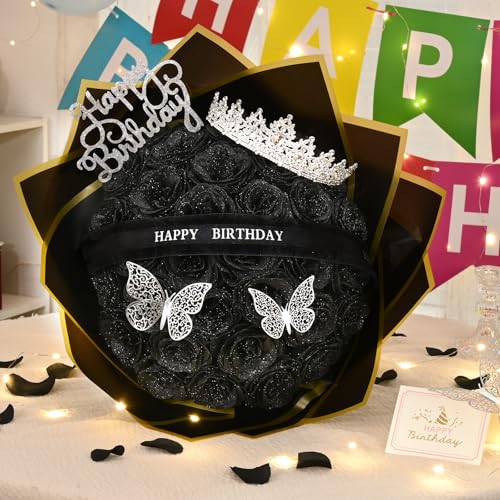 Waipfaru Glitter Roses Bouquet,Birthday Gifts for Women Mom,DIY Fake Flowers Bouquet with Birthday Stand-Up Signs,36 Black Rose for Grandma Wife Friends - Thumbnail 4