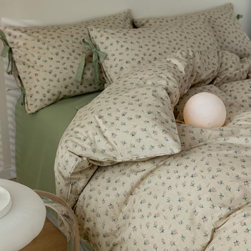 Image of VM VOUGEMARKET Duvet Cover Set Twin 100% Cotton 3 Pcs Girls Green Floral Comforter Cover with Zipper Closure,Cottagecore Style Duvet Cover + 2 Pillowcases with Bowknot-68x86 Inch