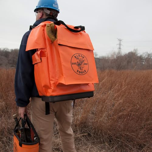 Klein Tools 5185ORA Tool Bag Backpack, Made in USA, Lineman Backpack, Adjustable Padded Shoulder Straps, Double-Stitched Bottom with Drain Holes, Orange by KLEIN TOOLS - Image 2