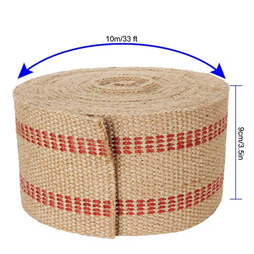 2Pcs Upholstery/Craft Jute Webbing, 3.5 Inches X 10 Yards Natural Burlap Fabric Jute Webbing Ribbon, Burlap Chair Webbing For Chair Repair, Crafts & Decorations (Red Stripes) #TOP1
