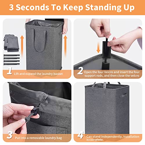 Ghvyennttes Large Freestanding Laundry Hamper Collapsible Laundry Basket With 2 Removable Bags, Sturdy Clothes Hamper With Bottom Plate And Metal Wire Frame For Bathroom Laundry Room, Grey #TOP5