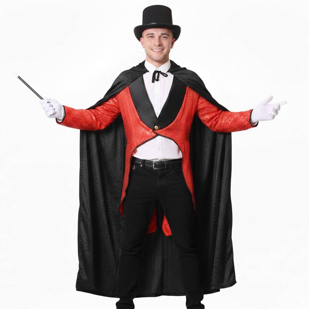 Adult Magician Costume Set - 4 Piece Magic Outfit for Circus Theme Parties - Red Waistcoat, Black Cape, Top Hat, White Gloves & Wand - World Book Day, Halloween, Performer - Unisex Fancy Dress Costume