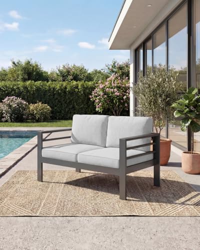 Image of AECOJOY Aluminum Patio Furniture Loveseat, Modern Outdoor Furniture with Washable 5 inch Thick Cushion, Light Gray