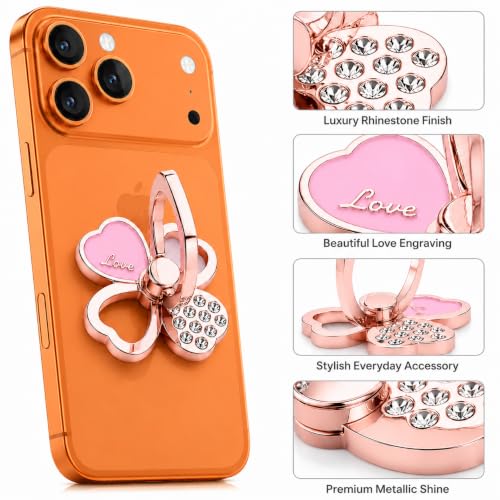 Image of Mizi 2Pack Clover Phone Ring Holder Stand, 360 Rotation & 180 Fold Finger Grip Kickstand, Strong 3M Adhesive, Bling Rhinestone Phone Ring for iPhone, Samsung & Most Smartphones - Rose Gold