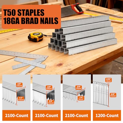 Image of PINOZE Heavy Duty T50 Staples & 18GA Brad Nails Combo Kit, 7500-Count, 3 /8 inch Crown T50 Staples with Toothed Chisel for Staple Gun (1 /4, 3 /8, 1 /2 Inch) + 18 Gauge Brad Nails (5 /8 Inch)