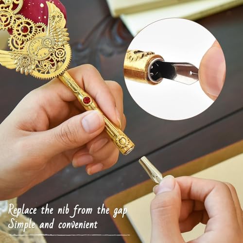 Image of PLUSPOINT Vintage Quill Pen & Ink Set Elegant Writing Luxury Fountain Calligraphy Ink Pen Set with Diary Wax for Stamp Retro Decor Dip Pen Office Stationery Corporate Gifting for Signature,Multicolor