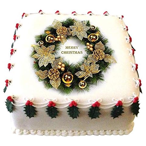 Edible Icing Gold Poinsettia Christmas Wreath Square 8" Cake Topper Decoration Idea Cover
