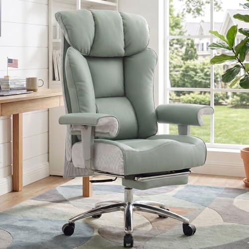Image of Efomao Big and Tall Office Chair 400lbs - Heavy Duty Executive Desk Chair with Foot Rest & 23 inch Wide Seat - High Back Ergonomic Leather Computer Chair for Heavy People, Home Office, Green