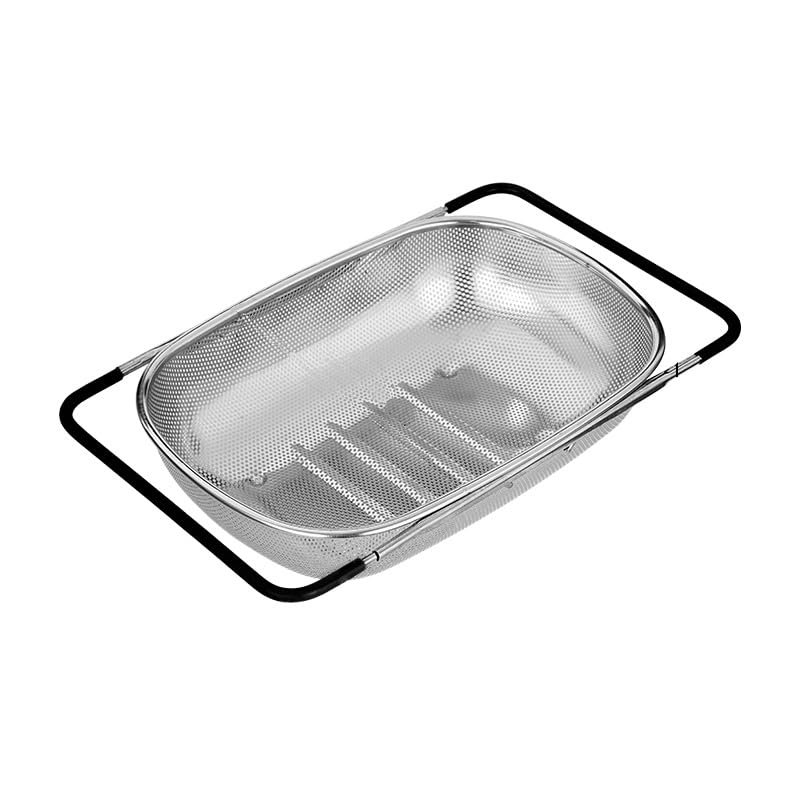 Stainless Steel Colanders,Over The Sink Drain Basket with Retractable Green Rubber Handle for Kitchen Sink,Wash Fruit,Rice and Vegetable,Dish Storage-Black Sink Strainer