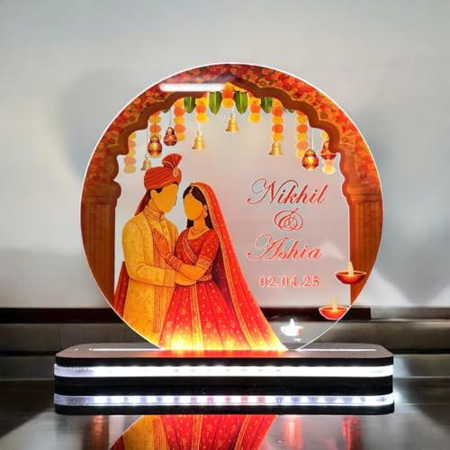 Image of Personalized Hindu Wedding LED Acrylic Lamp - Custom Couple Name & Date Gift - Marriage Decor with Light - Bridal Keepsake Night Light for Room or Reception Display