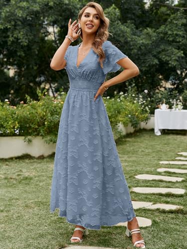 Image of Simplee Women's Boho Floral Maxi Dress Flowy Casual V Neck Short Sleeve Wedding Guest Holiday Beach Long Dress