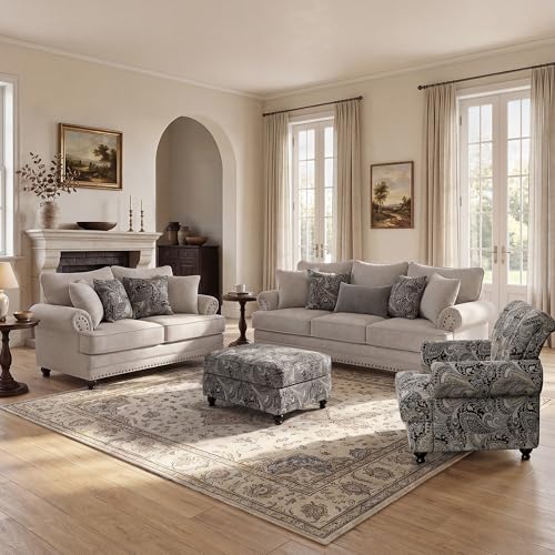Image of Modern Farmhouse Loveseat Sofa, Chenille Upholstery with Nailhead Trim, Small Couch for Living Room, Bedroom, Office, or Apartment, Includes 4 Accent Pillows