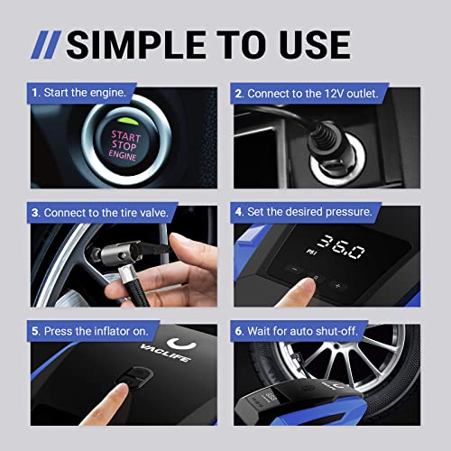 Vaclife Tire Inflator Portable Air Compressor - Air Pump For Car Tires (Up To 50 Psi), 12V Dc Tire Pump For Bikes (Up To 150 Psi) W/Led Light, Digital Pressure Gauge, Model: Atj-1166, Blue (Vl701) #TOP5