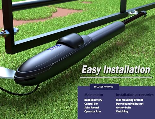 Image of Blutezeit Solar Swing Gate Opener, 880lb Single-Arm Operator with Built-in 24V Lithium Battery & 25W Solar Panel, Integrated Control Box for Easy Install, Smart Auto Setting, 2 Remotes & Complete Kits