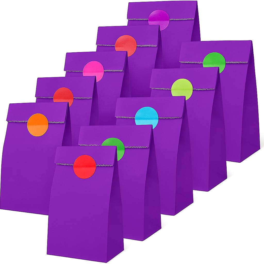 Thepaperbagstore 10 Deep Purple Paper Party Bags with Colour Dot Stickers