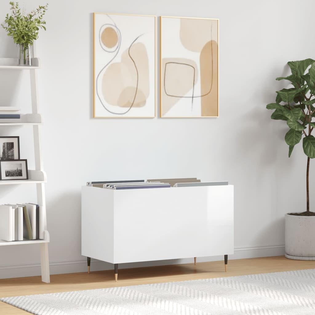 Armadietto per dischi in legno bianco lucido, con gambe in ferro, 74,5 x 38 x 48 cm, spazio per riporre dischi in vinile e CD, in soggiorno, home theater e gaming
