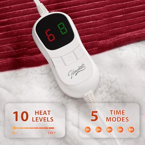 Image of Homemate Heated Blanket Electric Throw - 50 inchx60 inch Heating Blanket Throw 1 /2 /4 /6 /8 Hours Auto-Off 10 Heat Levels Over-Heat Protection Soft Flannel Sherpa ETL Certification