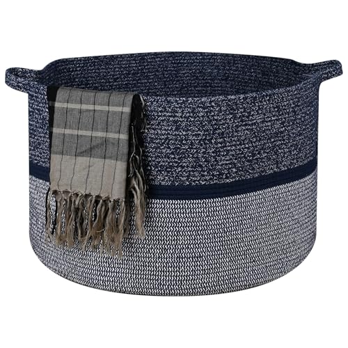 Image of Handmade Large Cotton Rope Storage Basket, Cotton Rope Basket for Blankets, Woven Storage Bin for Bedroom Nursery, Clothes Hamper for Laundry, Large Laundry Hamper, 86L Tall Laundry Basket Blue