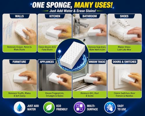 Image of Magic Eraser Sponge for Walls | Pack of 8 High Density Melamine Sponge | White Cleaning Sponge for Marks, Dirt & Scuff Removal | Multipurpose Cleaning Pad