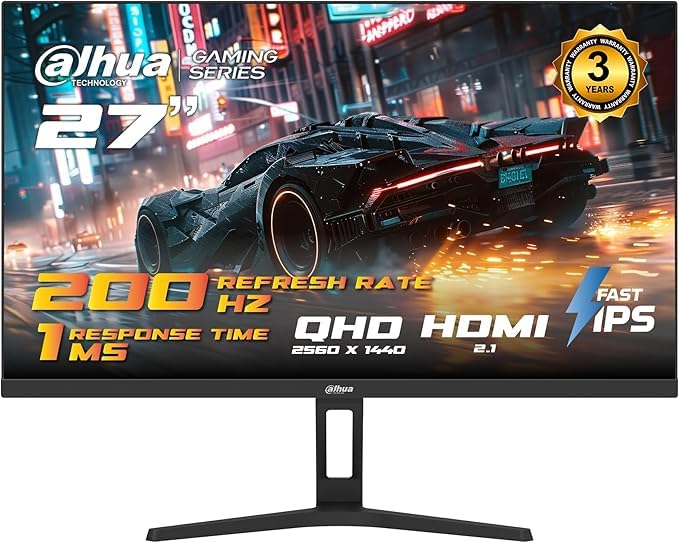 Dahua Monitor da gioco QHD da 27" (LM27-E331AY) - 200Hz, 1ms MPRT, pannello IPS, 1440p, HDMI 2.1 e DP 1.4, supporto regolabile in altezza, 95% DCI-P3, HDR10, tecnologia Eye Care