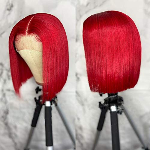 Bob Wigs 12" T-part Human Hair Wig Middle Part 100% Unprocessed Brazilian Virgin Lace Frontal Wig Bleached Knots Red Color