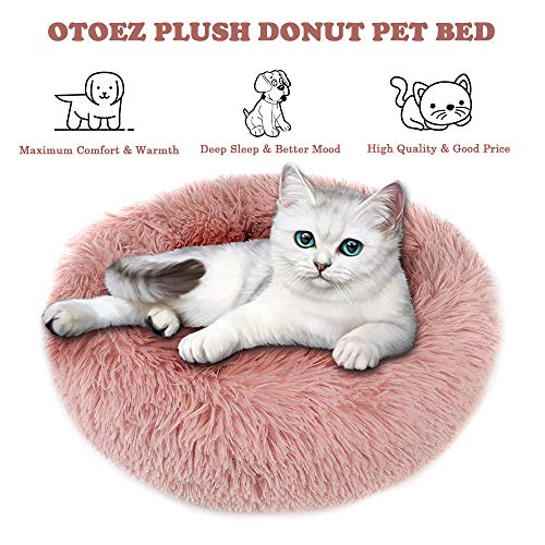 Otoez Round Plush Donut Pet Bed Warm Fur Cuddler Dog Cat Cushion Bed Calming Bed Non-Slip Bottom (15.7", Pink) #TOP2