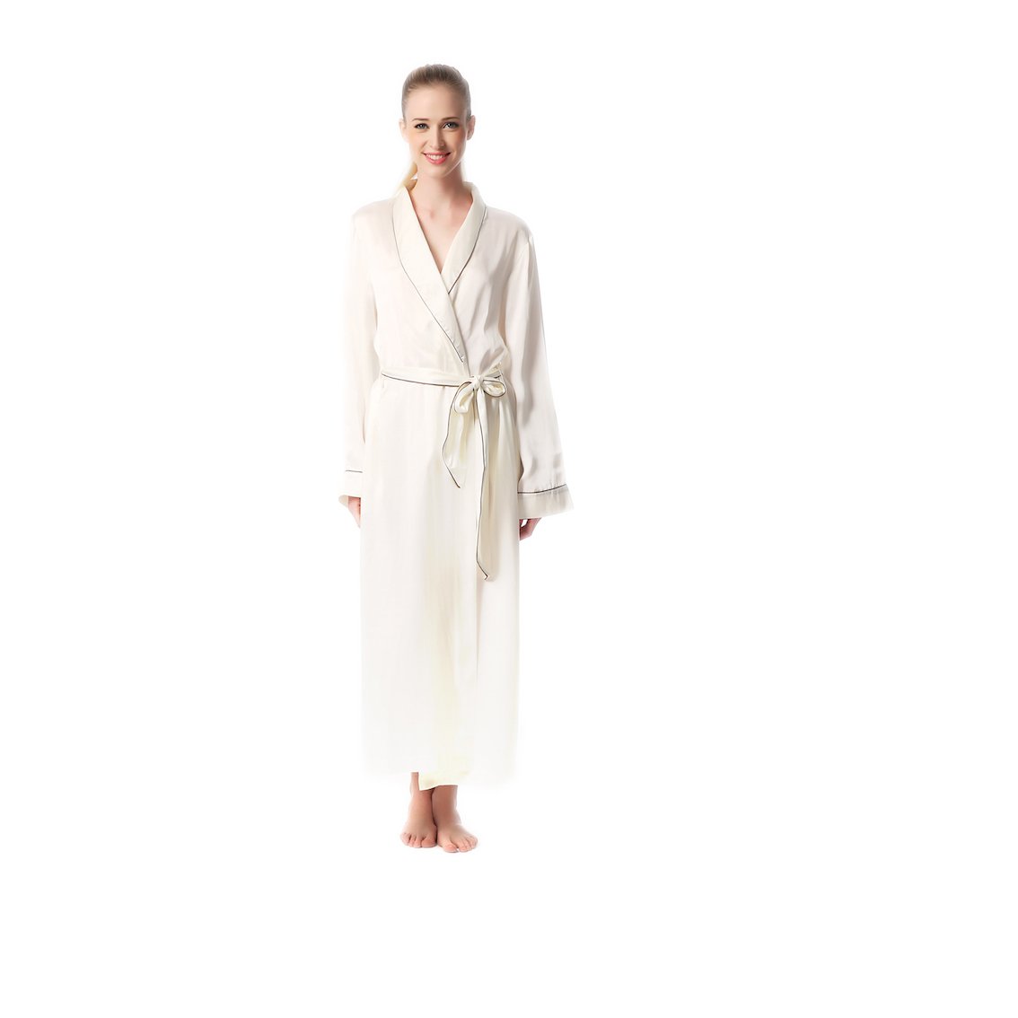 Jasmine Silk Luxury Pure Silk Dressing Gown Robe Kimono Ivory (Medium (14-16))