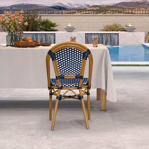 Image of PURPLE LEAF Patio Dining Chair Set of 1 Outdoor French Aluminium Frame in Champagne Finish with Navy Blue & White Woven Rattan for Indoor Kitchen Deck Bistros Cafe Restaurant