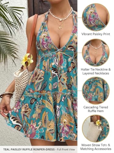 Image of KATECLO Women's Halter Backless Paisley Print Mini Dress - Summer Beach Vacation Sundress, Flowy A-Line Casual Resort Outfit