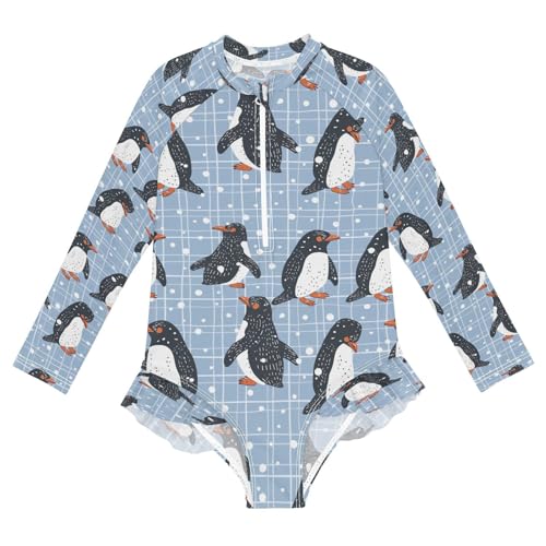 Penguins Plaid Blue Girls Long Sleeve Swimsuits One Piece Zipper Bathing Suit UPF 50+ Rashguard Swimwear