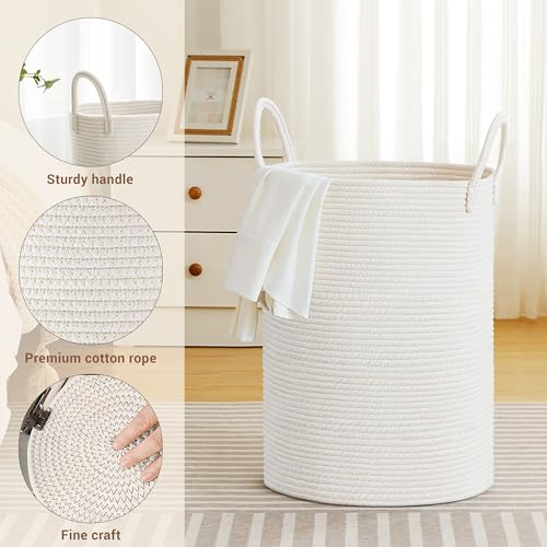 Image of 72L Large Tall Cotton Rope Laundry Basket with Handles, White