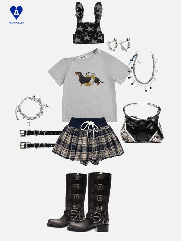 Aelfric Eden Dachshund Off Shoulder T-shirt damski z kreskówki pies t-shirt letnia górna część casualowa koszulka z krótkim rękawem basic okrągły dekolt top Y2K