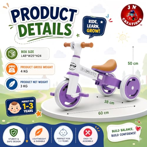 Image of 3-in-1 Toddler Tricycle | Slide, Pedal & Balance Bike for Kids | Adjustable Seat, Silent Wheels & Sturdy Frame | Ideal for 10 Months to 3 Years (Purple)