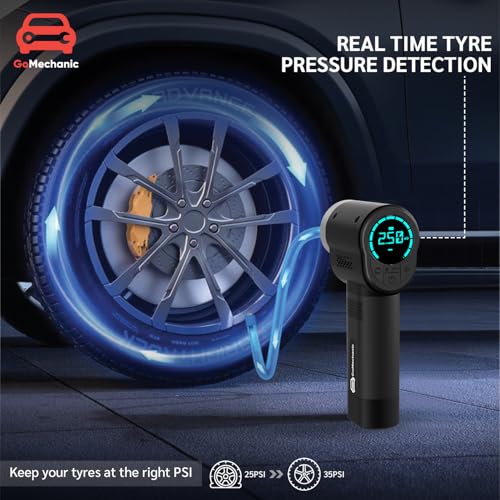Image of GoMechanic Wireless Tyre Inflator for Car & Bike |150 PSI|2x2000 mAh Rechargeable Battery |Digital Display | LED Light, Type-C Port | With Puncture RepairKit & Multiple Nozzles | Tyre Pressure Monitor